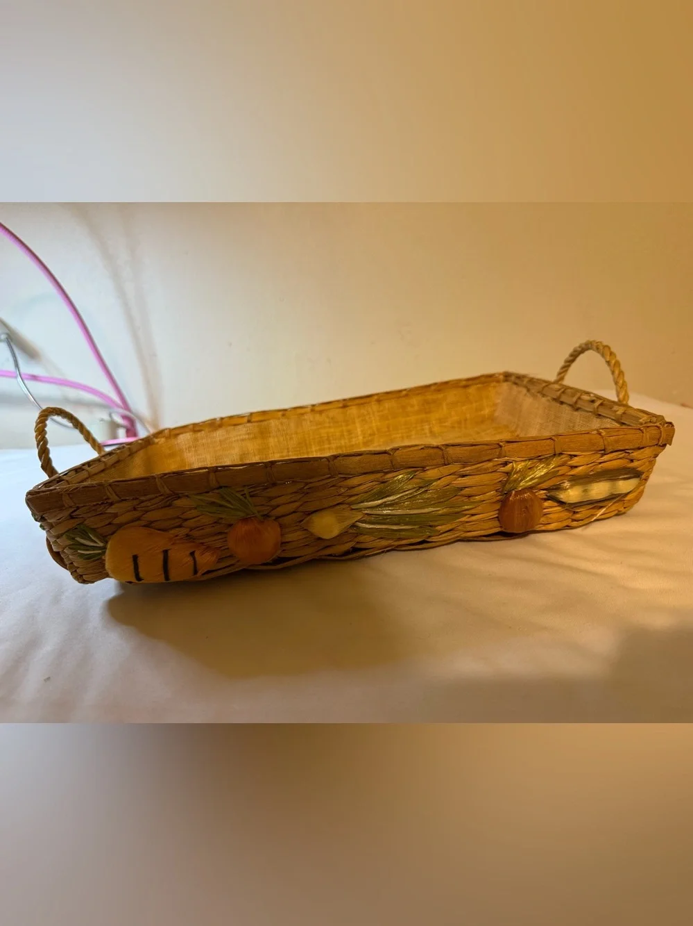 Woven Rectangular Casserole Serving Basket Tray - Natural Tan with Green Accents